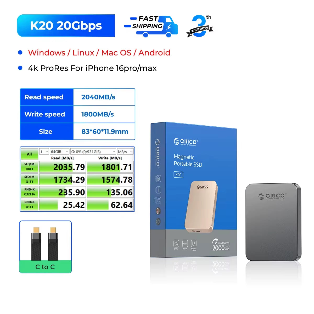 High-Speed Magnetic SSD Storage for iPhone 15/16 Pro Series – Perfect for 4K ProRes Video Recording