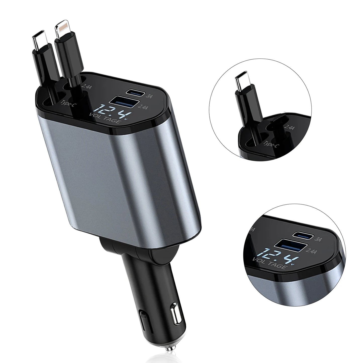 4 in 1 Retractable Car Charger, 100W Fast Car Phone Charger with Iphone and Type C Cable and 2 Charging Ports Car Charger Adapter