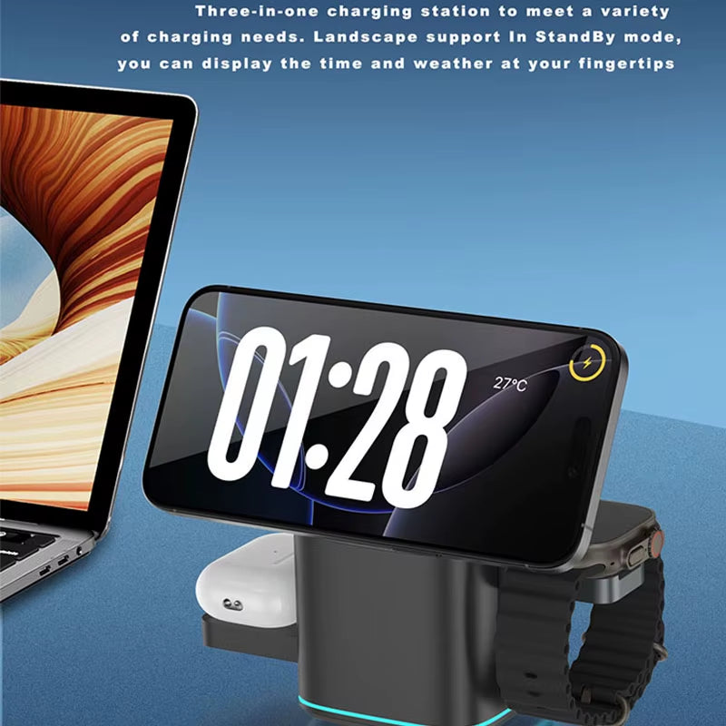25W 3-in-1 Magnetic Wireless Charger Station - Fast Charging for iPhone 16/15/14/13, Apple Watch & AirPods - Ultimate Portable Convenience!