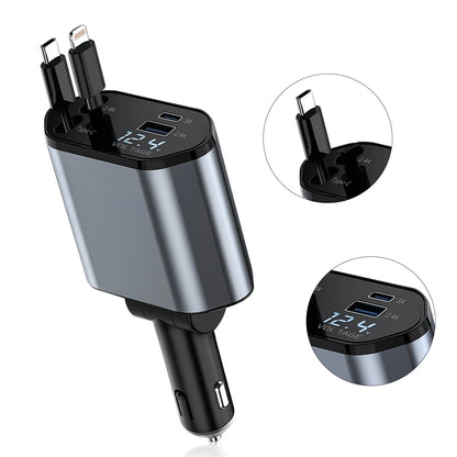 4 in 1 Retractable Car Charger, 100W Fast Car Phone Charger with Iphone and Type C Cable and 2 Charging Ports Car Charger Adapter