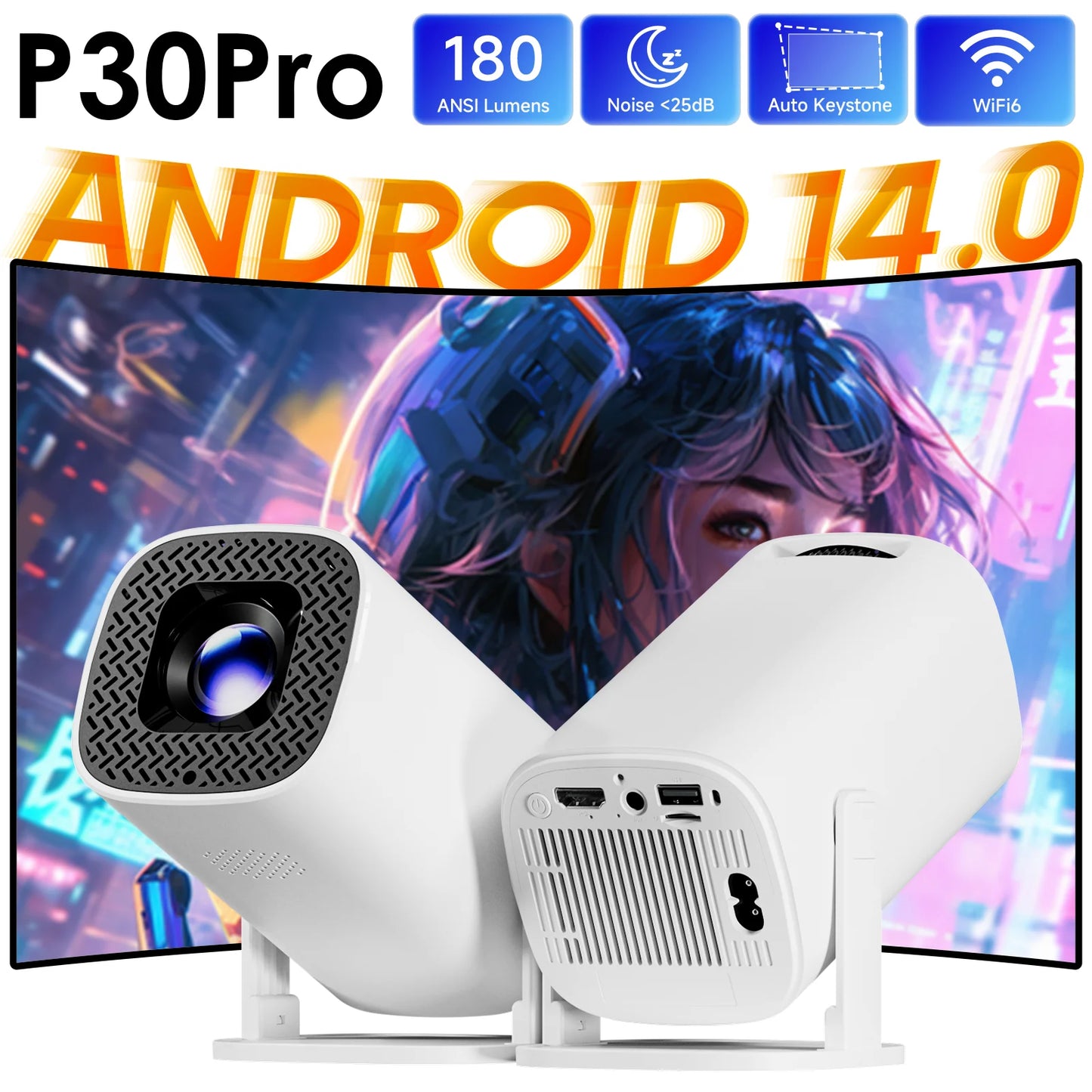 P30PRO Android 14 Smart Mini Projector - 4K Support, Wifi6 & BT 5.0, Perfect for Home Theater & Screen Mirroring