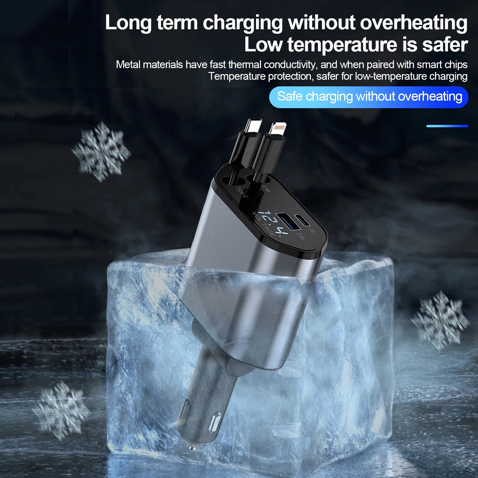 4 in 1 Retractable Car Charger, 100W Fast Car Phone Charger with Iphone and Type C Cable and 2 Charging Ports Car Charger Adapter