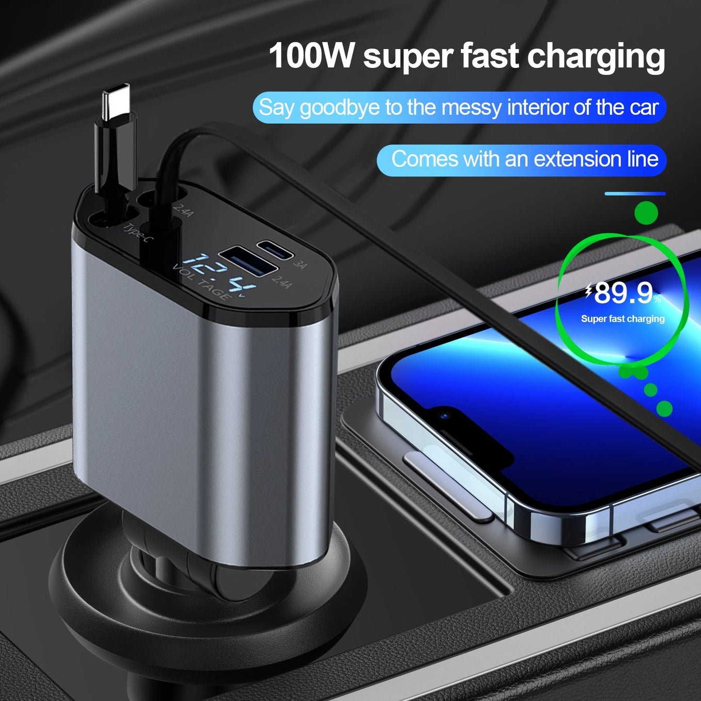 4 in 1 Retractable Car Charger, 100W Fast Car Phone Charger with Iphone and Type C Cable and 2 Charging Ports Car Charger Adapter